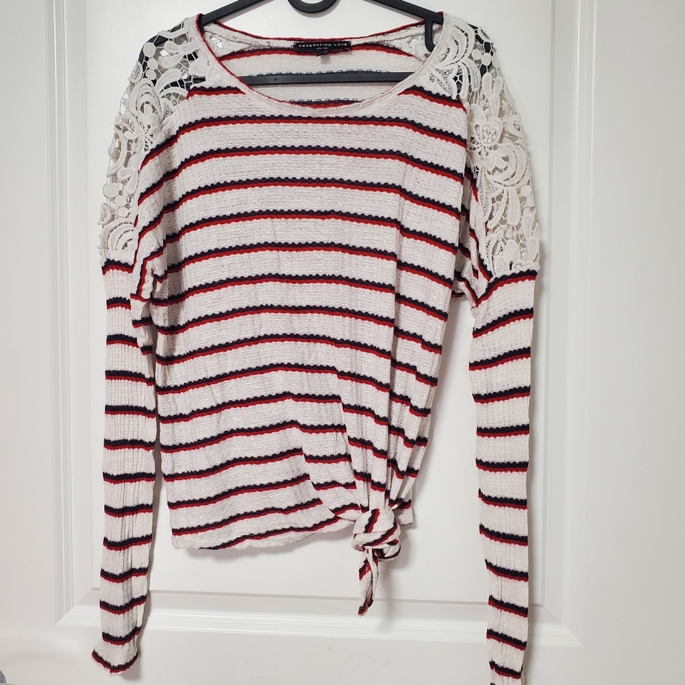 Generation Love Women's Bleeker Lace-Inset Striped Tee Size L